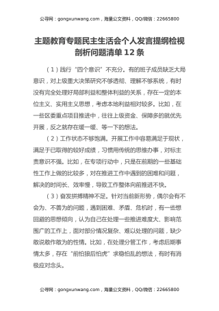 主题教育专题民主生活会个人发言提纲检视剖析问题清单12条