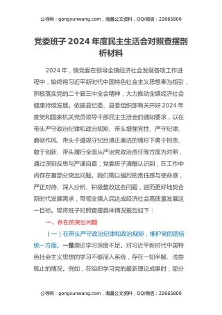 党委班子2024年度民主生活会对照查摆剖析材料（四个带头+典型案例剖析自身问题）
