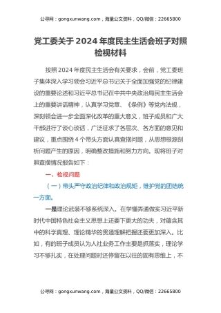 党工委关于2024年度民主生活会班子对照检视材料