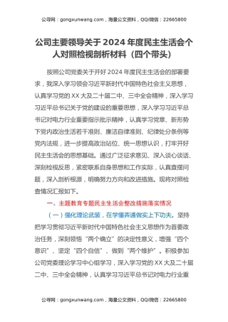公司主要领导关于2024年度民主生活会个人对照检视剖析材料（四个带头） (2)