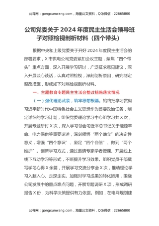 公司党委关于2024年度民主生活会领导班子对照检视剖析材料（四个带头） (2)
