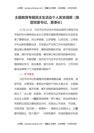 主题教育专题民主生活会个人发言提纲（集团党委书记、董事长）