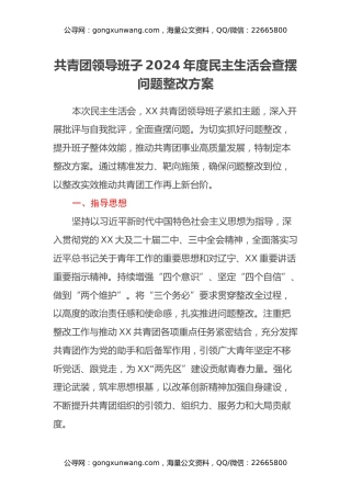 共青团领导班子2024年度民主生活会查摆问题整改方案