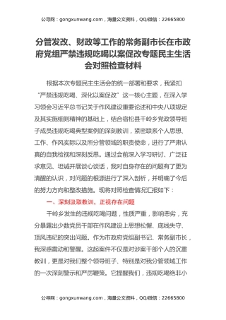 分管发改、财政等工作的常务副市长在市政府党组严禁违规吃喝以案促改专题民主生活会对照检查材料