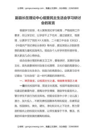 副县长在理论中心组暨民主生活会学习研讨会的发言