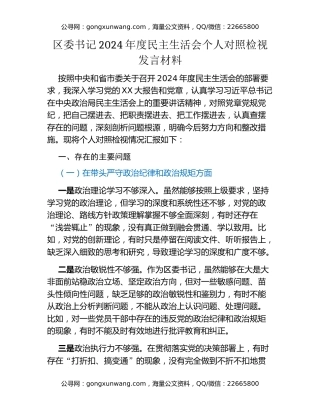 区委书记2024年度民主生活会个人对照检视发言材料