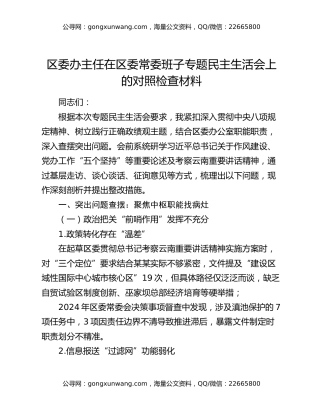 区委办主任在区委常委班子专题民主生活会上的对照检查材料