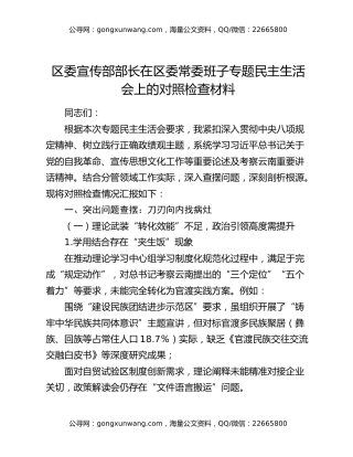区委宣传部部长在区委常委班子专题民主生活会上的对照检查材料