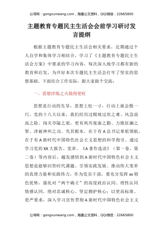 主题教育专题民主生活会会前学习研讨发言提纲