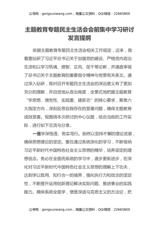 主题教育专题民主生活会会前集中学习研讨发言提纲