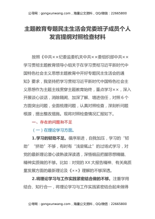 主题教育专题民主生活会党委班子成员个人发言提纲对照检查材料