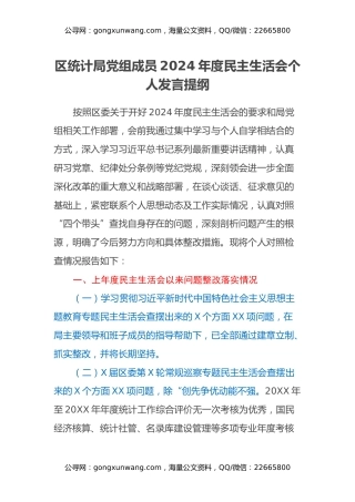 区统计局党组成员2024年度民主生活会个人发言提纲