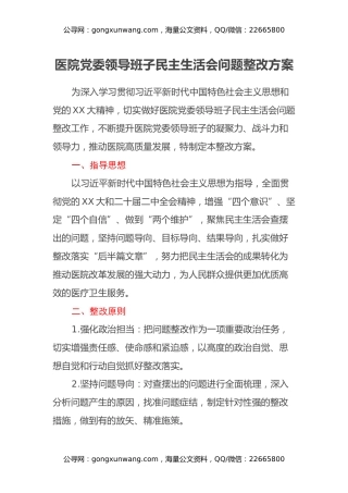 医院党委领导班子民主生活会问题整改方案