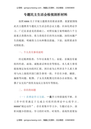 主题教育专题民主生活会六个方面对照检查检视剖析材料