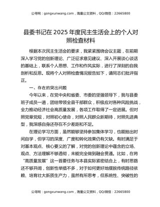 县委书记在2025年度民主生活会上的个人对照检查材料