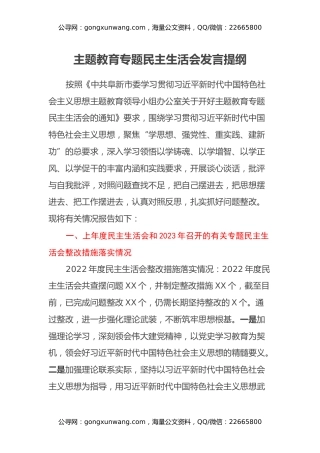 主题教育专题民主生活会发言提纲（上年度整改措施落实情况、新六个方面）