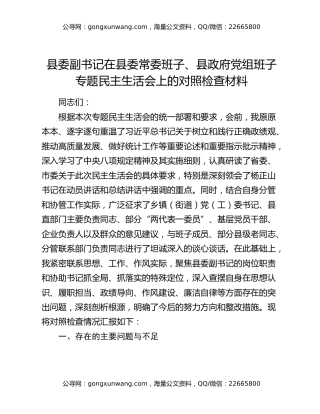 县委副书记在县委常委班子、县政府党组班子专题民主生活会上的对照检查材料