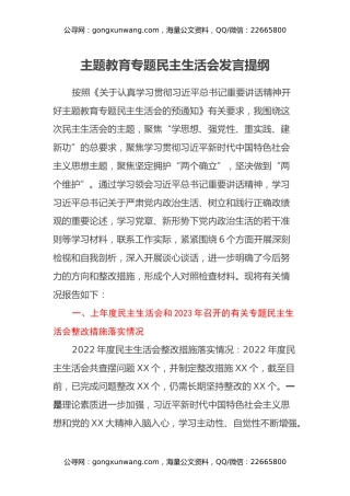 主题教育专题民主生活会发言提纲（上年度整改措施落实情况、新六个方面）(2)