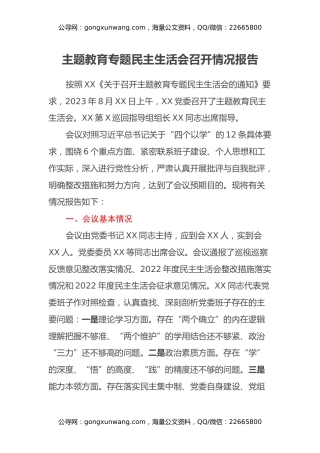 主题教育专题民主生活会召开情况报告（2）