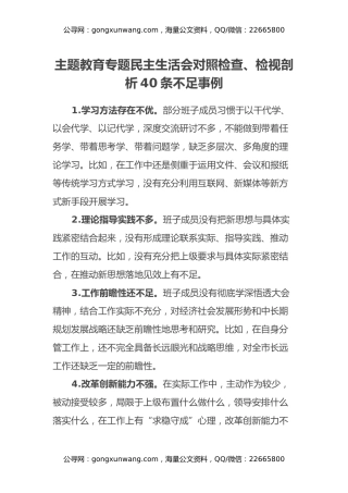 主题教育专题民主生活会对照检查、检视剖析40条不足事例