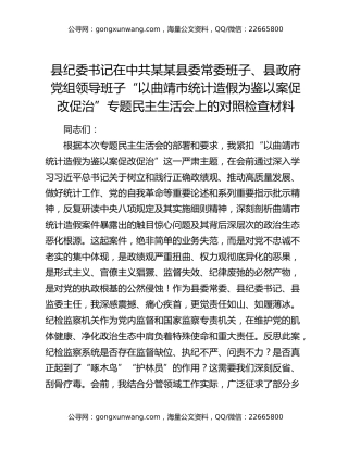 县纪委书记在中共某某县委常委班子、县政府党组领导班子“以曲靖市统计造假为鉴以案促改促治”专题民主生活会上的对照检查材料
