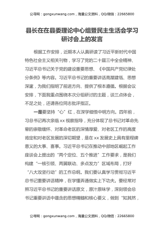 县长在在县委理论中心组暨民主生活会学习研讨会上的发言