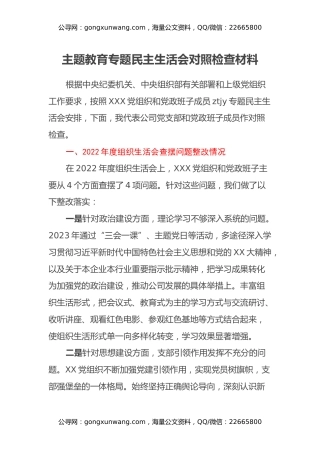 主题教育专题民主生活会对照检查材料 (2)