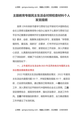 主题教育专题民主生活会对照检查材料个人发言提纲（上年度整改措施落实情况、新六个方面）