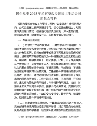 国企党委2025年巡察整改专题民主生活会对照检查材料