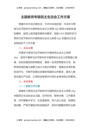 主题教育专题民主生活会工作方案（2）