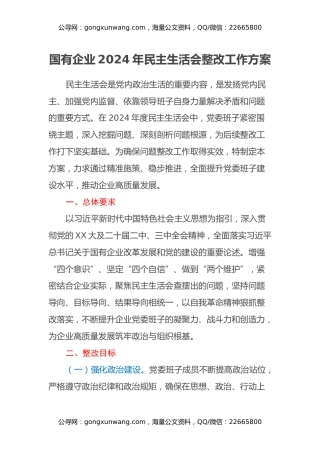 国有企业2024年民主生活会整改工作方案