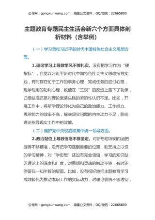 主题教育专题民主生活会新六个方面具体剖析材料（含举例）