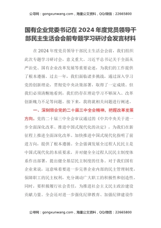 国有企业党委书记在2024年度党员领导干部民主生活会会前专题学习研讨会发言材料