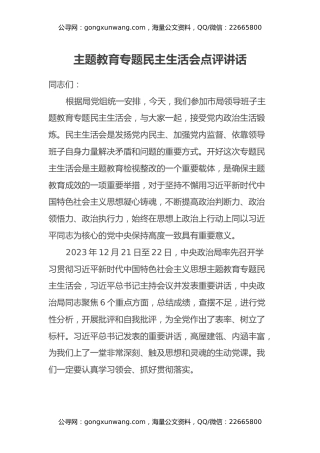 主题教育专题民主生活会点评讲话