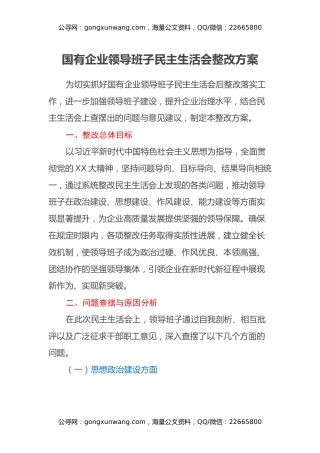 国有企业领导班子民主生活会整改方案
