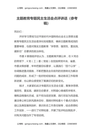 主题教育专题民主生活会点评讲话（参考稿）