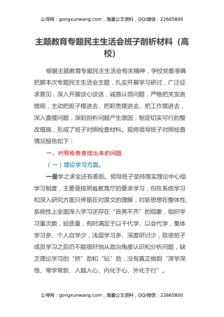 主题教育专题民主生活会班子剖析材料（高校）