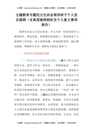 主题教育专题民主生活会领导班子个人发言提纲（含典型案例剖析及个人重大事项报告）
