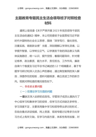 主题教育专题民主生活会领导班子对照检查材料