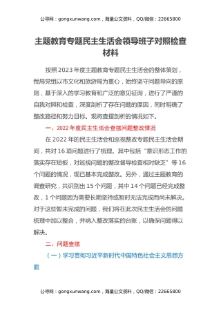 主题教育专题民主生活会领导班子对照检查材料（上年度查摆问题整改落实情况、八个方面、政绩观、反面典型案例剖析）