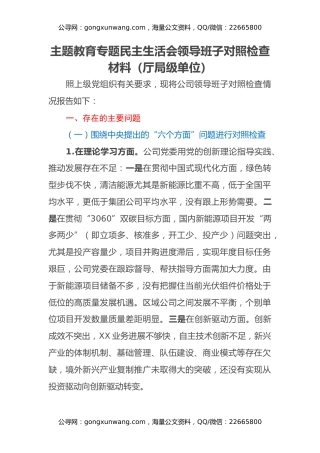 主题教育专题民主生活会领导班子对照检查材料（厅局级单位）