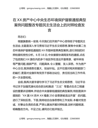 在XX房产中心中央生态环境保护督察通报典型案例问题整改专题民主生活会上的对照检查发言