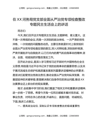 在XX河务局党支部全面从严治党专项检查整改专题民主生活会上的讲话