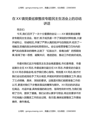 在XX镇党委巡察整改专题民主生活会上的总结讲话