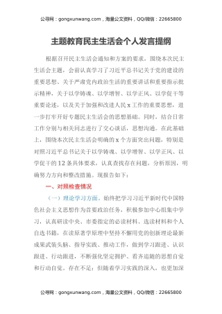 主题教育民主生活会个人发言提纲（六个方面）