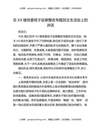 在XX镇党委班子巡察整改专题民主生活会上的讲话