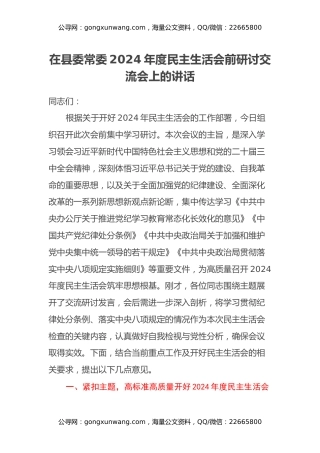 在县委常委2024年度民主生活会前研讨交流会上的讲话