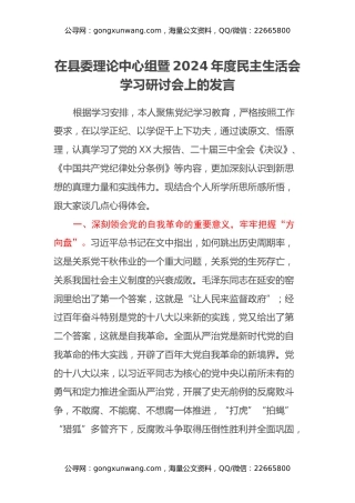 在县委理论中心组暨2024年度民主生活会学习研讨会上的发言