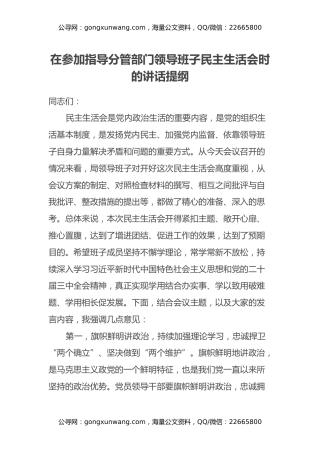 在参加指导分管部门领导班子民主生活会时的讲话提纲