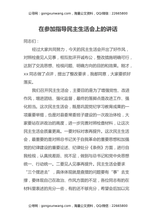 在参加指导民主生活会上的讲话
